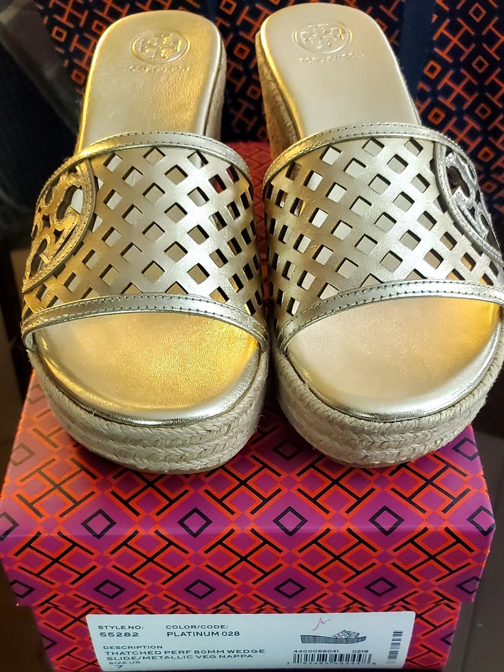 Like-New Tory Burch Platinum Metallic Perforated Espadrille Wedge Slides